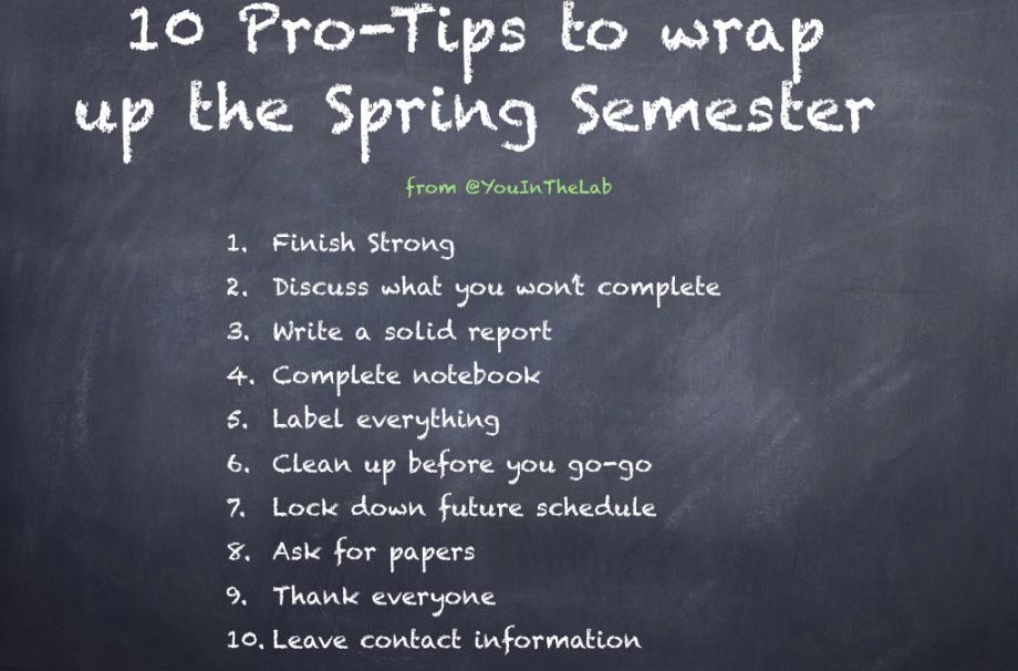 A list of 10 Pro-Tips to wrap up the Spring Semester in a single list on a chalkboard graphic. They are 1. Finish Strong. 2. Discuss what you won't complete. 3. Write a solid report. 4. Complete notebook. 5. Label everything. 6. Clean up before you go-go. 7. Lock down future schedule. 8. Ask for papers. 9. Thank everyone. 10. Leave contact information.