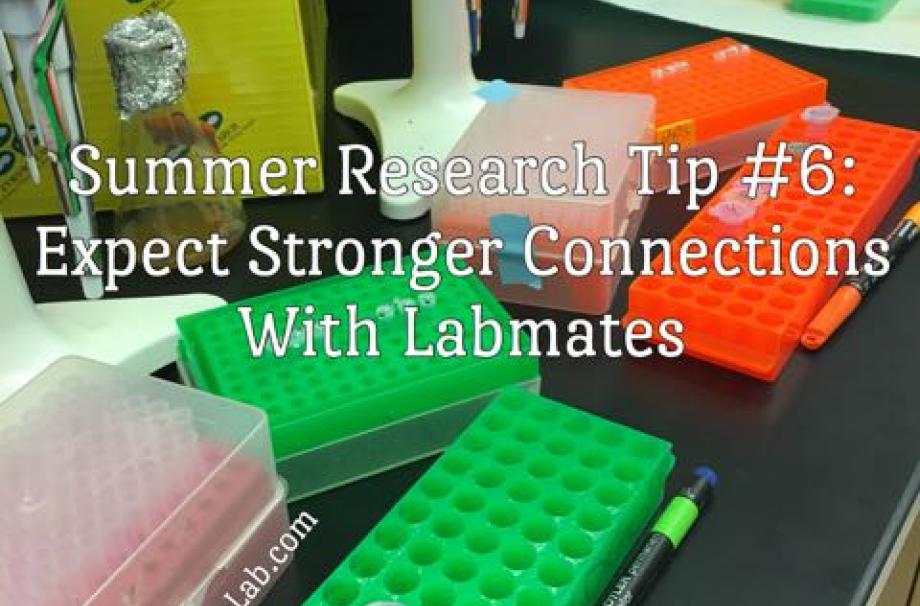 upclose photo of a research bench containing tubes, racks, pipette tip box, and the words expect stronger connections with labmates