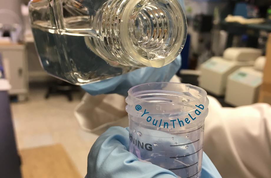 photo of hands wearing blue gloves pouring a solution into a tube
