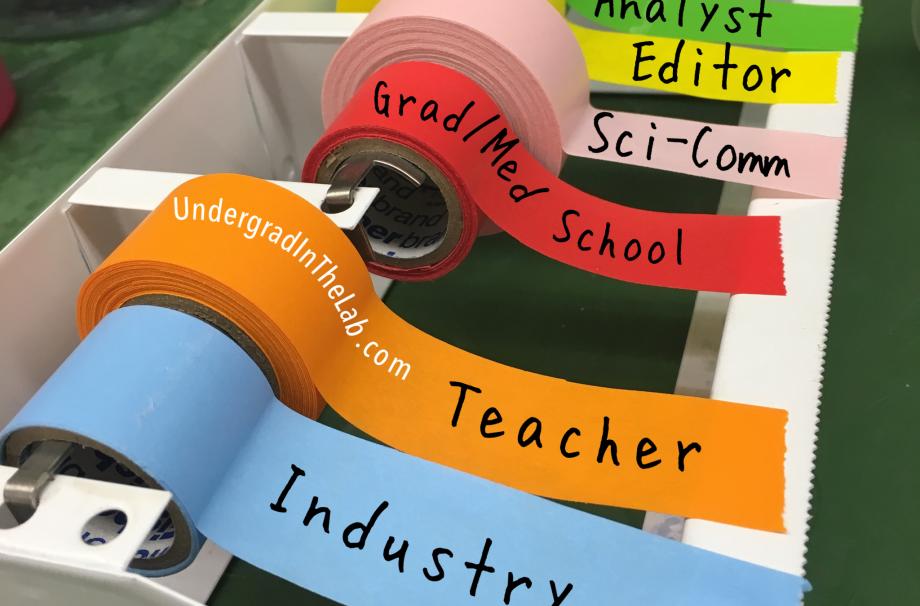 a tape roll in different colors with different suggestions industry, teacher, grad/med school, sci-comm, editor, analyst