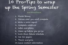 A list of 10 Pro-Tips to wrap up the Spring Semester in a single list on a chalkboard graphic. They are 1. Finish Strong. 2. Discuss what you won't complete. 3. Write a solid report. 4. Complete notebook. 5. Label everything. 6. Clean up before you go-go. 7. Lock down future schedule. 8. Ask for papers. 9. Thank everyone. 10. Leave contact information.